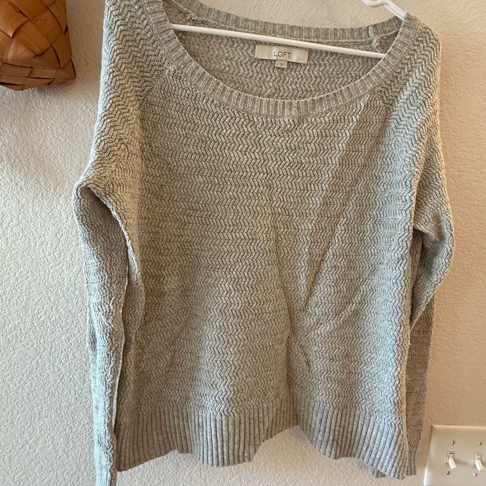 LOFT Light Gray Crewneck Textured Knit Sweater